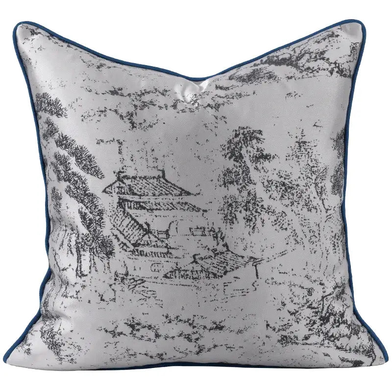 Decorbites asian landscape pillow cover with black and white asian landscape painting on gray fabric with navy piping