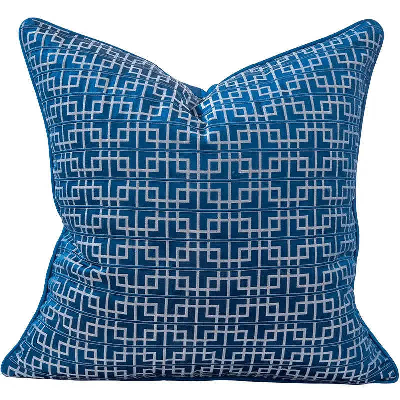 DecorBites Asian landscape jacquard blue velvet pillow cover with white geometric lattice pattern 45x45cm