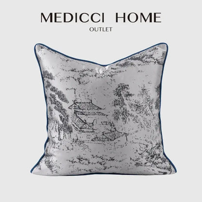 DecorBites asian landscape painting jacquard pillow cover with light gray fabric and navy blue piping edges 45x45cm