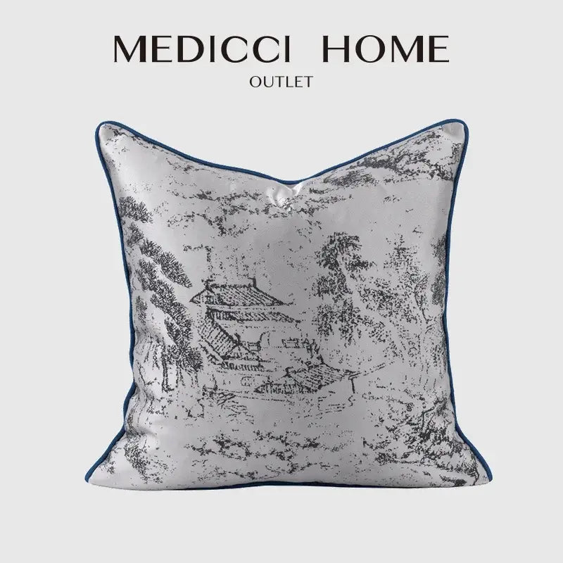 DecorBites asian landscape painting jacquard pillow cover with light gray fabric and navy blue piping edges 45x45cm