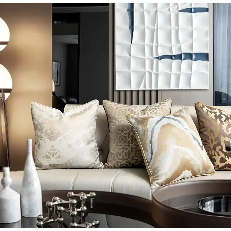 Beige and gold patterned velvet pillow cover with intricate damask design from decorbites asian landscape painting collection