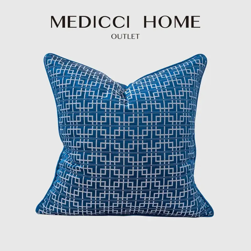 Blue velvet pillow cover with white geometric lattice pattern featuring soft texture from decorbites asian landscape painting collection