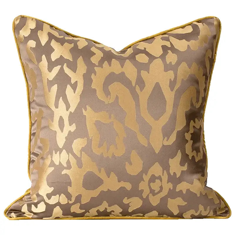 Decorbites asian landscape painting jacquard pillow cover with taupe and gold ikat pattern and satin finish