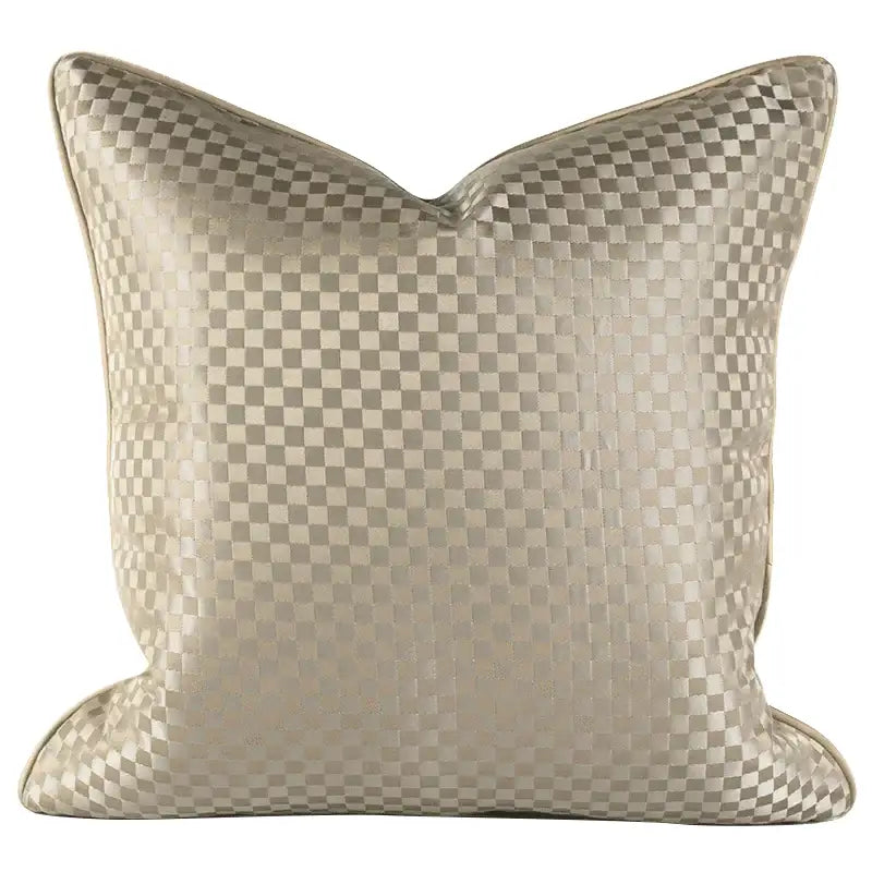 Beige and silver checkered satin pillow cover from decorbites asian landscape painting jacquard collection 45x45cm