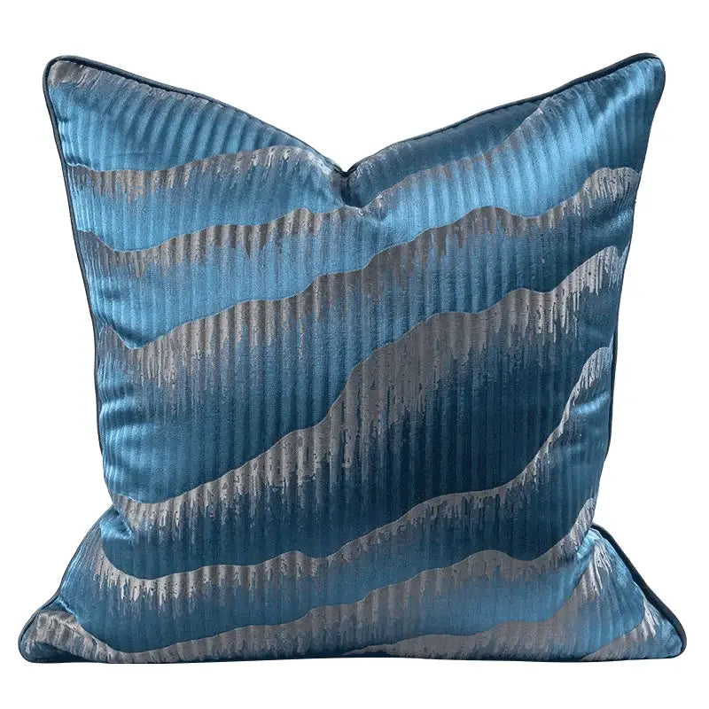 Blue and silver striped velvet pillow cover with textured wave pattern for decorbites asian landscape painting decor