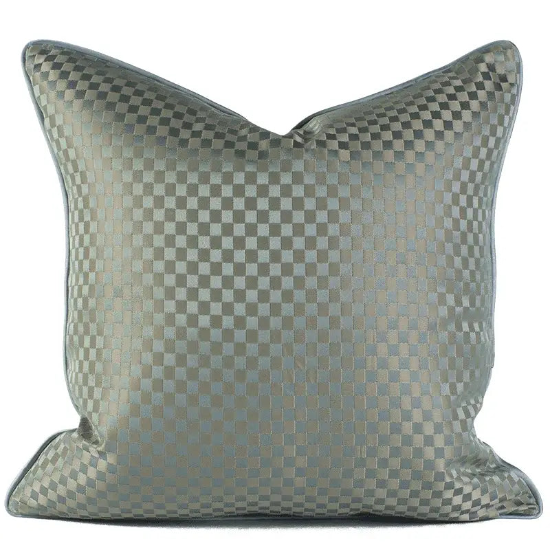 A decorbites asian landscape painting jacquard pillow cover with woven checkered pattern in silver and light gray
