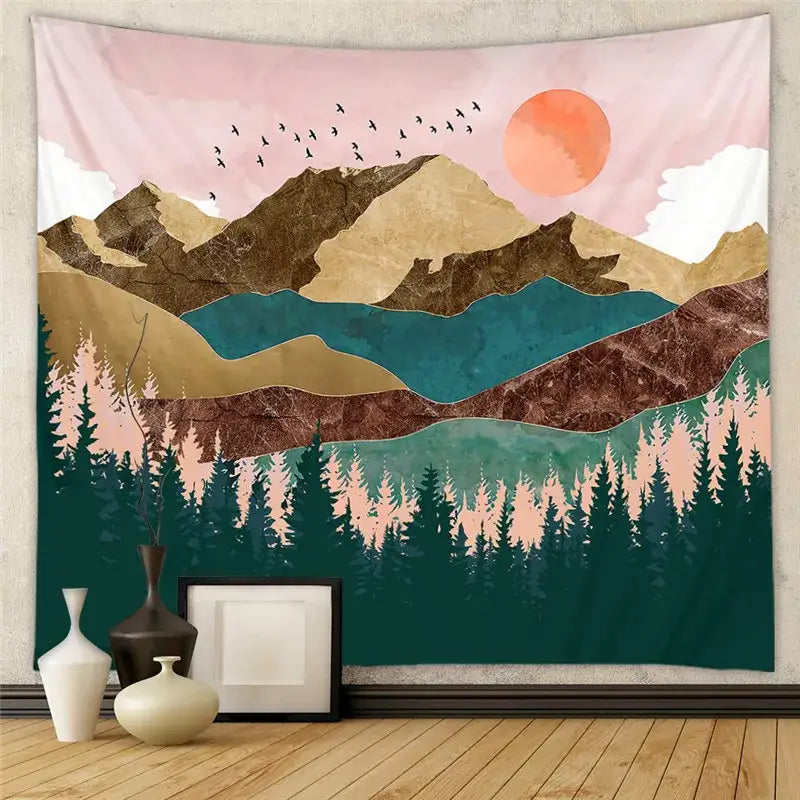 Decorbites astrology chart tarot tapestry featuring soft pink teal mountains gold-leaf peaks and an orange sun design