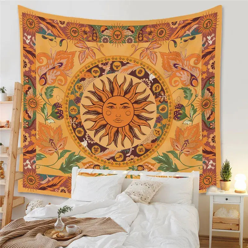 Vibrant orange and green decorbites astrology chart tarot tapestry featuring a sun with floral patterns wall hanging