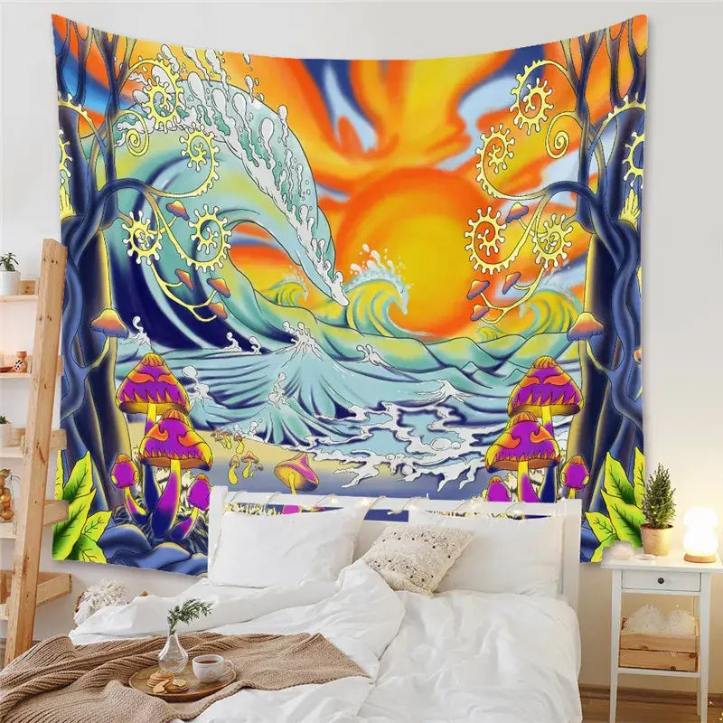 DecorBites astrology chart tarot tapestry wheel wall hanging with vibrant ocean waves sun purple mushrooms under trees