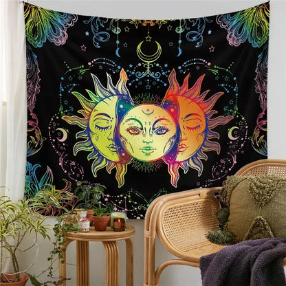 Vibrant rainbow-colored decorbites astrology chart tarot tapestry featuring three stylized sun faces on black background