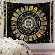 Black tapestry featuring a decorbites astrology chart tarot wheel with white symbols and tarot illustrations on starry sky