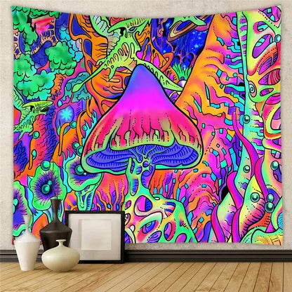 Vibrant decorbites astrology chart tarot tapestry featuring a glowing pink mushroom with neon swirling patterns
