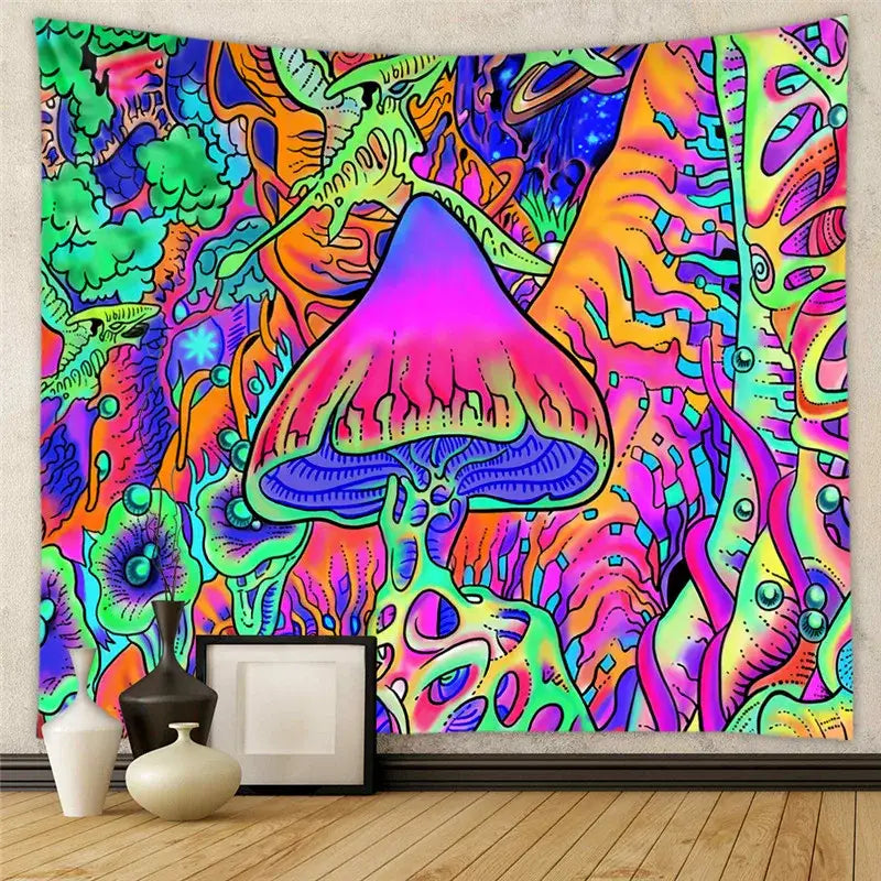 Vibrant decorbites astrology chart tarot tapestry featuring a glowing pink mushroom with neon swirling patterns