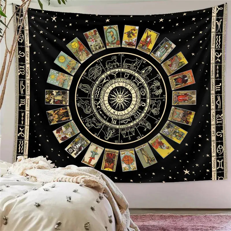 Black tapestry featuring a white zodiac wheel and tarot illustrations on a starry background for decorbites astrology chart
