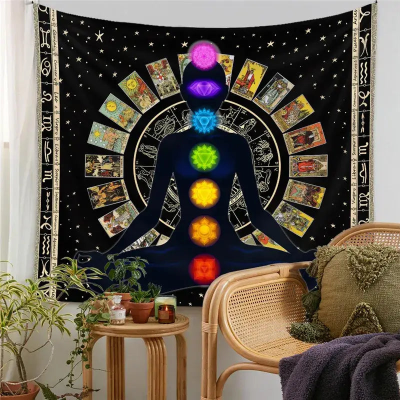 Black decorbites astrology chart tarot tapestry featuring a meditative silhouette with seven glowing chakras and tarot cards