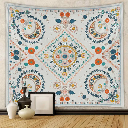 A vibrant decorbites astrology chart tarot tapestry featuring intricate floral and mandala designs in orange teal and blue