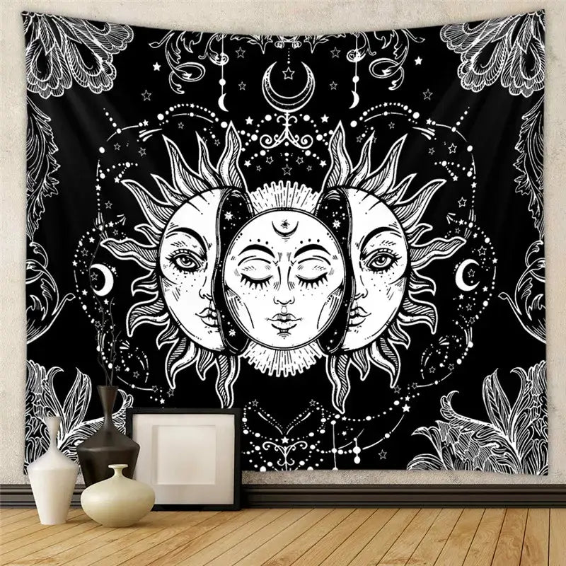 Black and white decorbites astrology chart tarot tapestry with three sun faces and intricate floral star patterns wall hanging