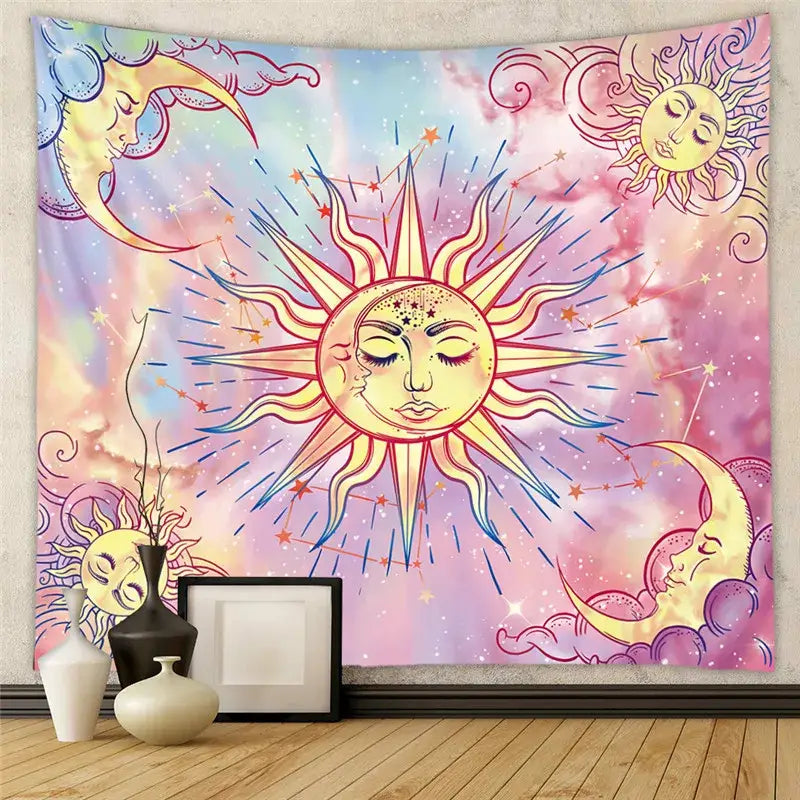 A vibrant pastel-colored decorbites astrology chart tarot tapestry featuring suns moons and cosmic stars