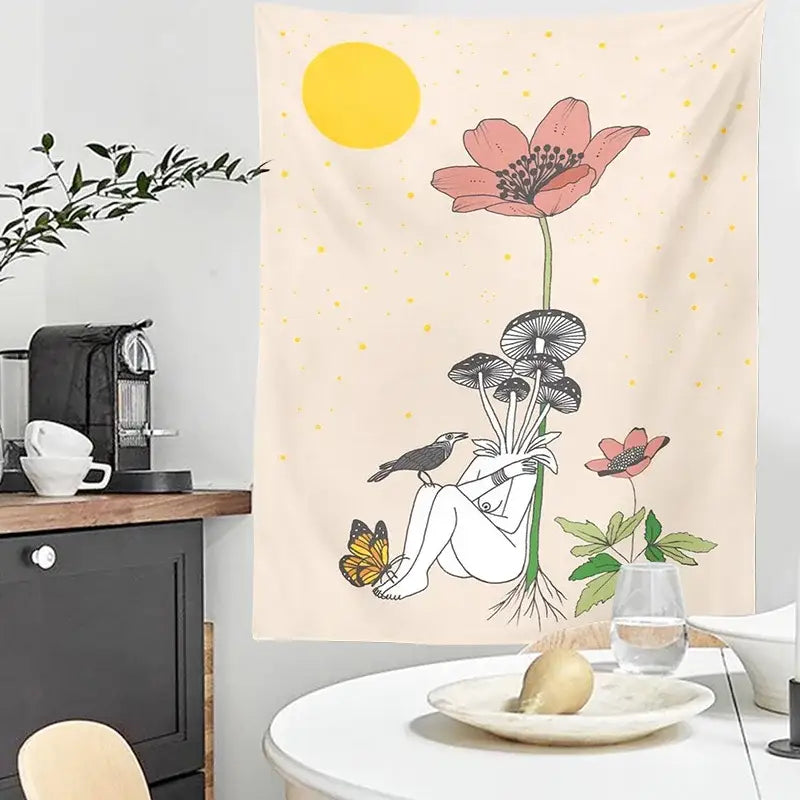 Beige decorbites astrology tarot card tapestry featuring whimsical figure with mushrooms flowers birds under yellow sun wall hanging