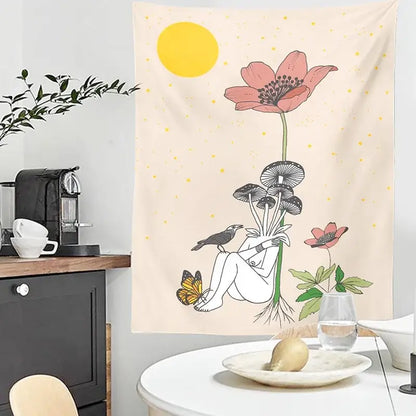 Beige decorbites astrology tarot card tapestry featuring whimsical figure with mushrooms flowers birds under yellow sun wall hanging