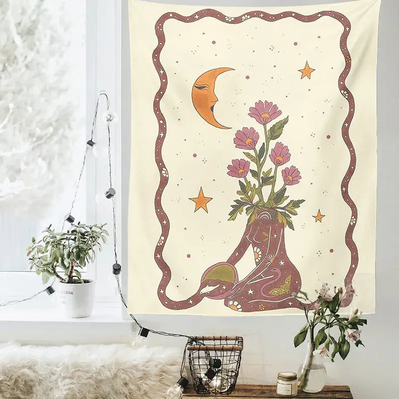 Cream-colored decorbites astrology tarot card tapestry with whimsical moon and floral goddess illustration wall hanging