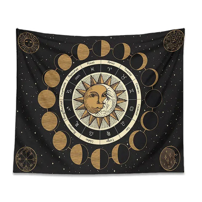Black celestial decorbites astrology wheel tapestry featuring gold sun moon zodiac signs and moon phase on starry background