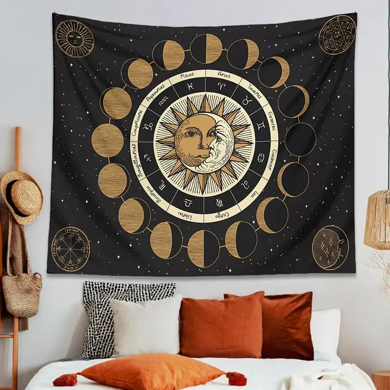 Black decorbites astrology wheel tapestry with gold moon phase cycles and zodiac signs around sun and moon face design