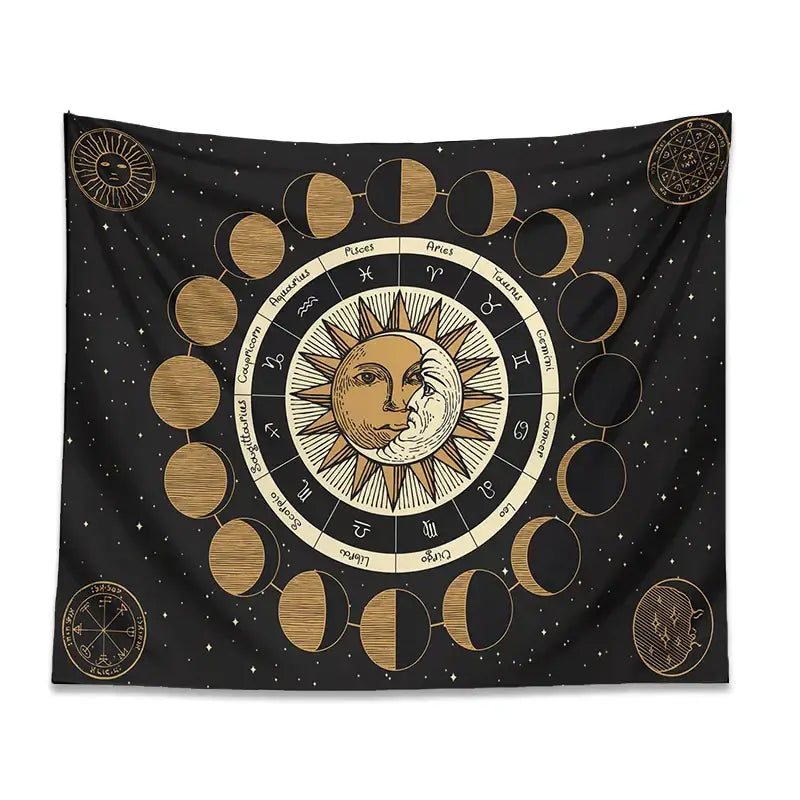 Black decorbites astrology wheel tapestry with moon phase sun and moon design gold accents on starry sky background