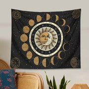 Black decorbites astrology wheel tapestry with gold moon phase, zodiac signs, and celestial sun and moon faces