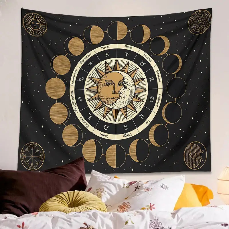 Black decorbites astrology wheel tapestry featuring gold moon phase cycles and zodiac signs with sun and moon design