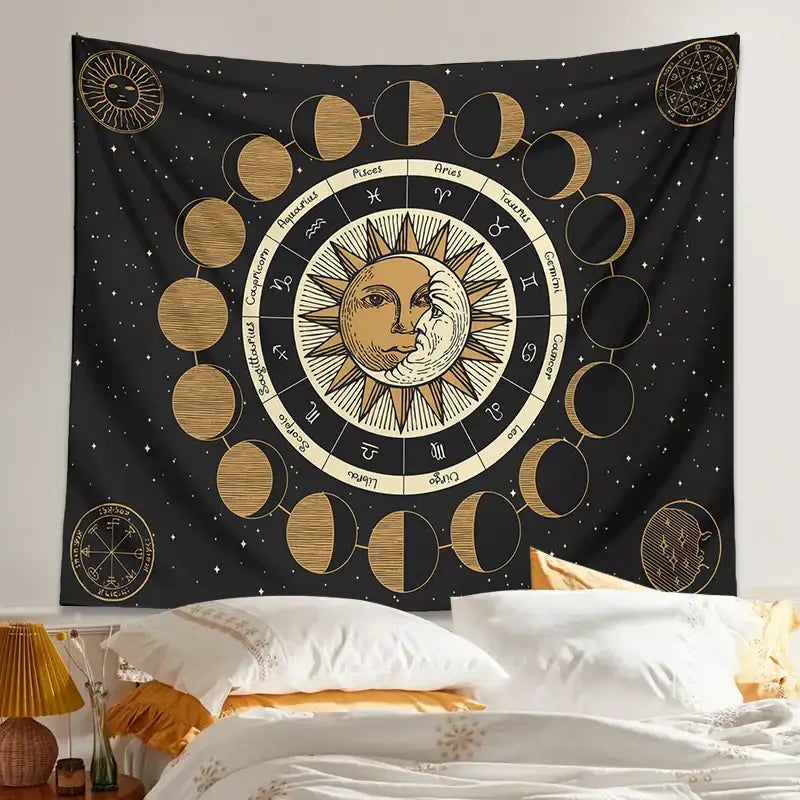 Black decorbites astrology wheel tapestry features a gold moon phase sun and moon design on a starry background