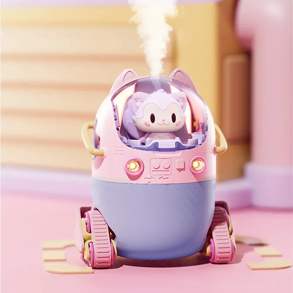Decorbites astronaut air humidifier shaped like pink and lavender cat with night light and transparent dome