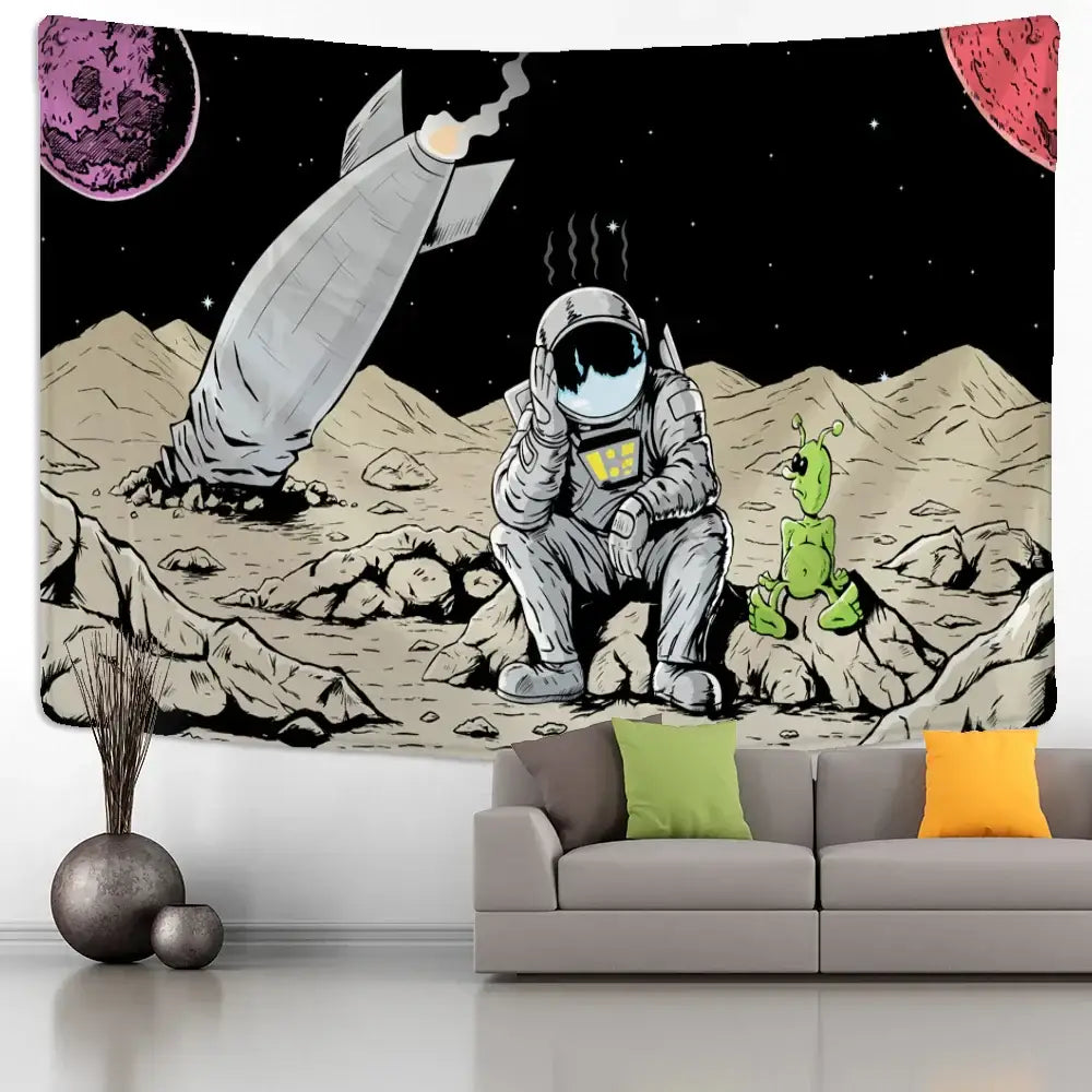 DecorBites astronaut alien black-and-white tapestry wall hanging featuring cartoon astronaut and green alien on moon
