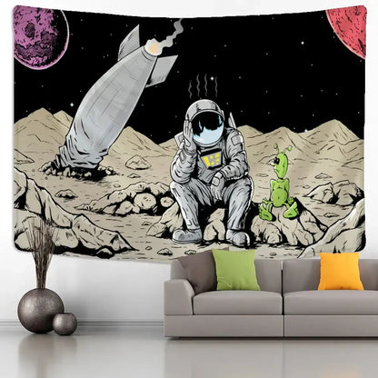 DecorBites astronaut alien black-and-white tapestry wall hanging featuring cartoon astronaut and green alien on moon