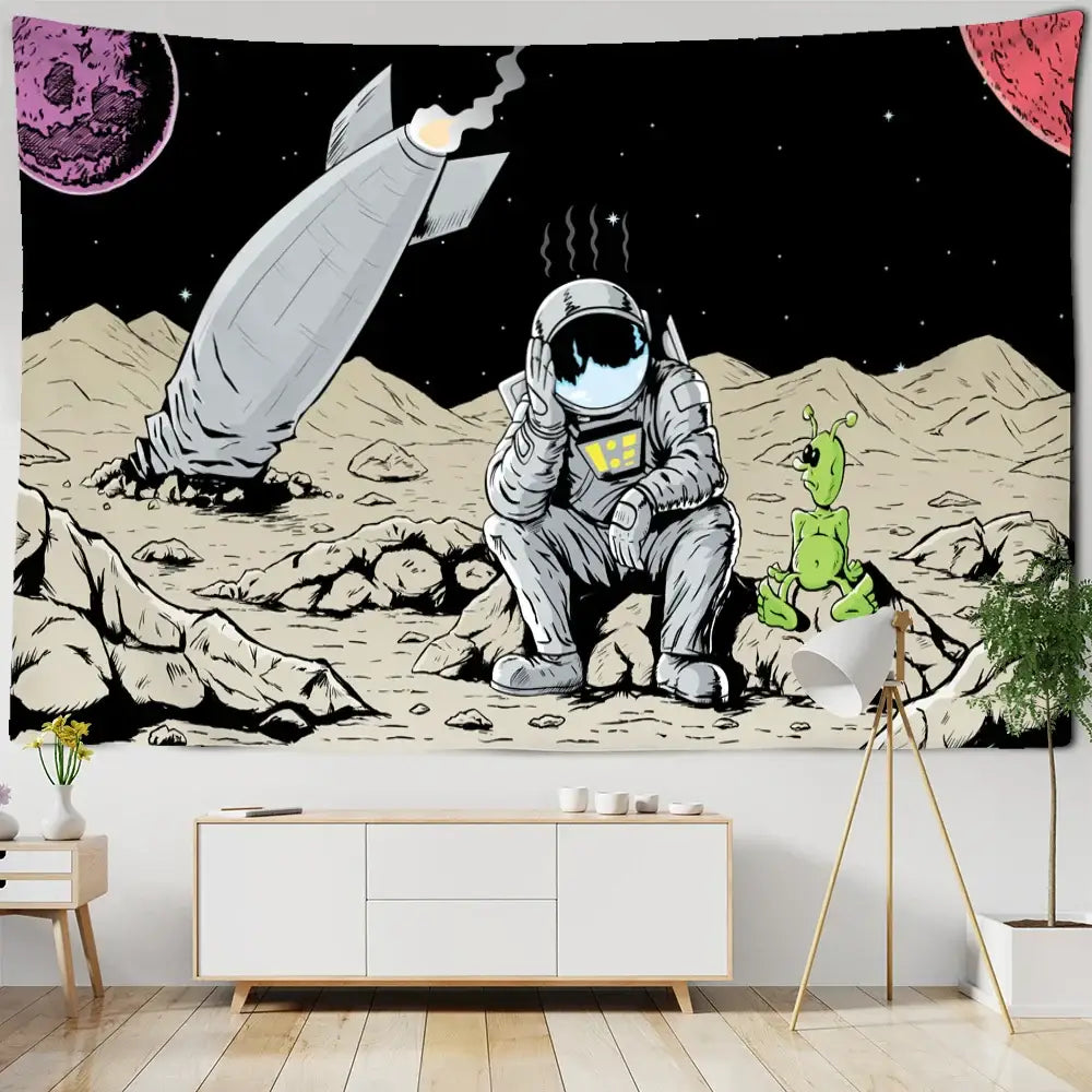 Decorbites astronaut alien black and white tapestry wall hanging with cartoon astronaut alien and crashed rocket lunar scene