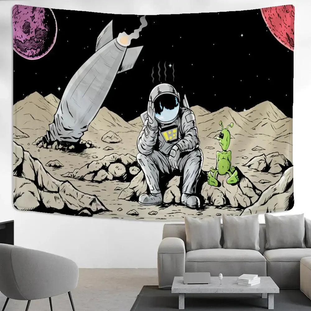 Decorbites astronaut alien black-and-white illustrated tapestry wall hanging with cartoon astronaut and green alien on lunar surface