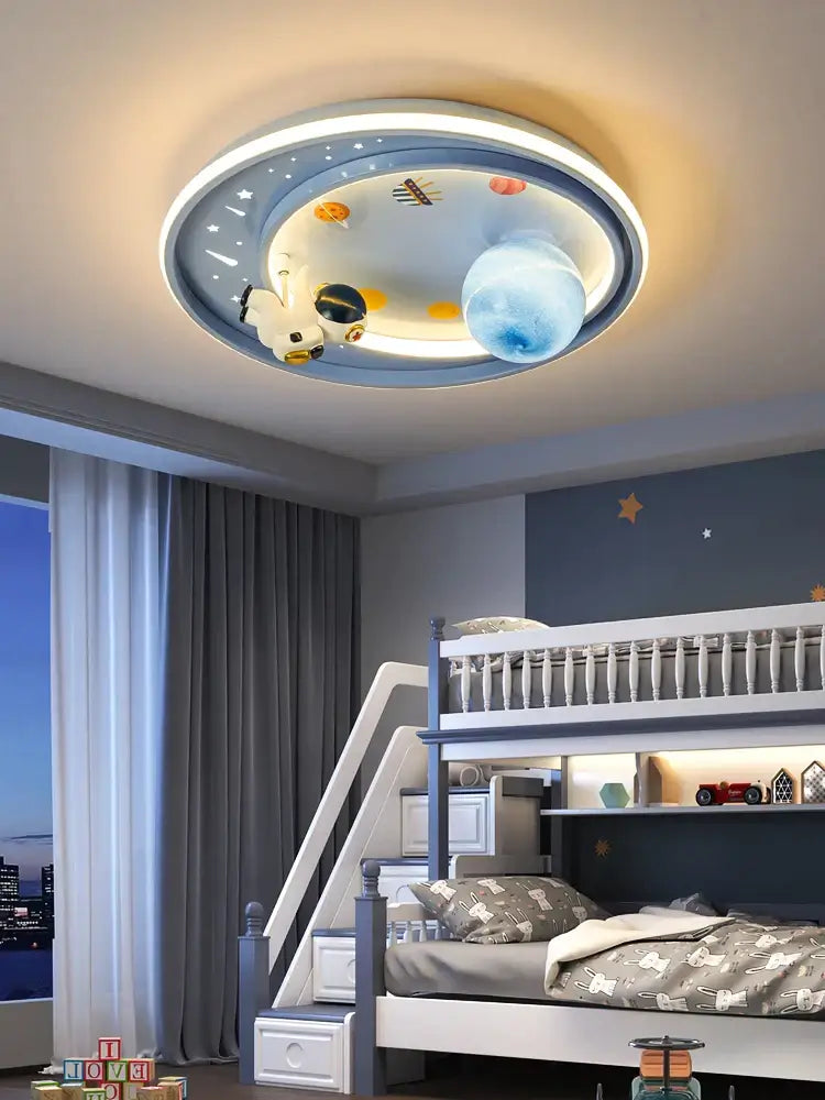 Circular ceiling light decorbites astronaut astros with blue and white tones illuminated planets stars and cartoon astronaut