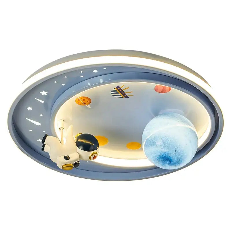 Blue and white oval ceiling light featuring astronaut astros planet design with glowing ring for child’s bedroom by decorbites astronaut astros