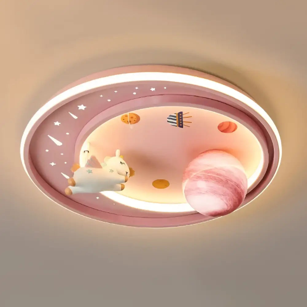 Pink oval ceiling light with space-themed planets stars and cartoon unicorn from decorbites astronaut astros planet collection