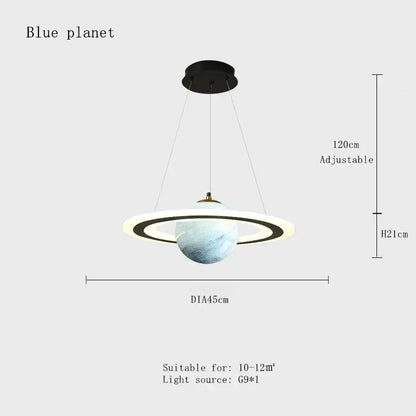 Modern decorbites astronaut ball led pendant light featuring a marble-textured blue planet with black rings for boys room