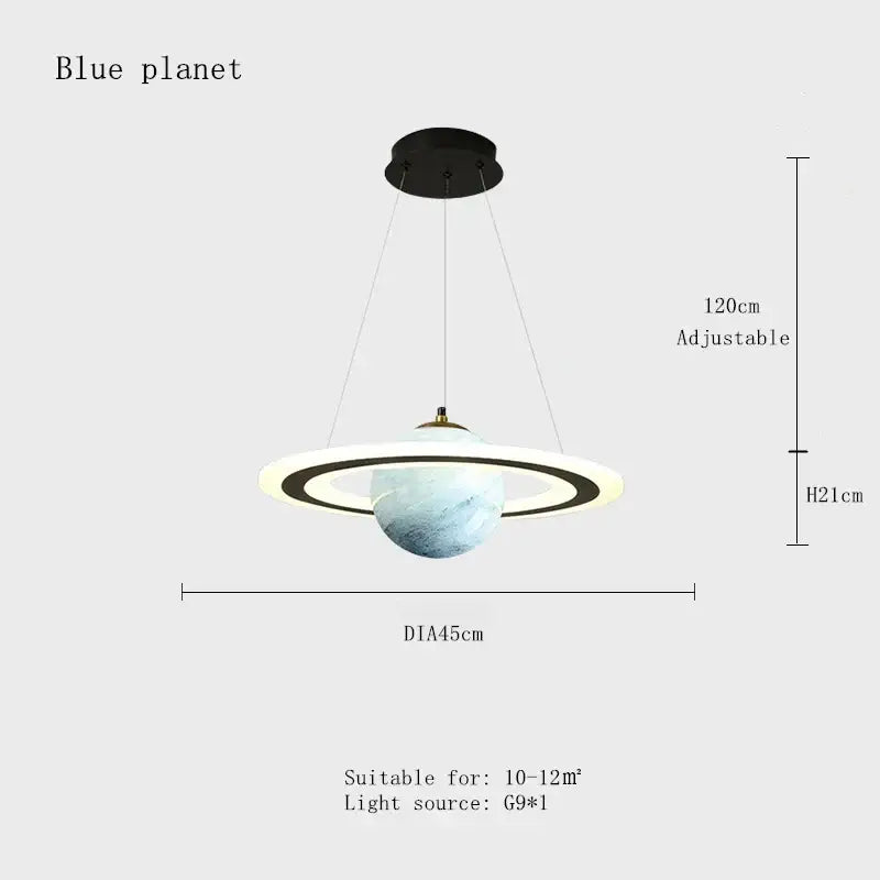 Modern decorbites astronaut ball led pendant light featuring a marble-textured blue planet with black rings for boys room