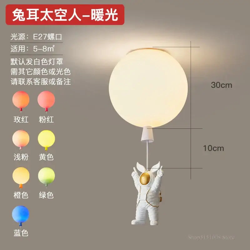 White astronaut figurine holding frosted glass lampshade pendant light warm glow decorbites astronaut balloon led