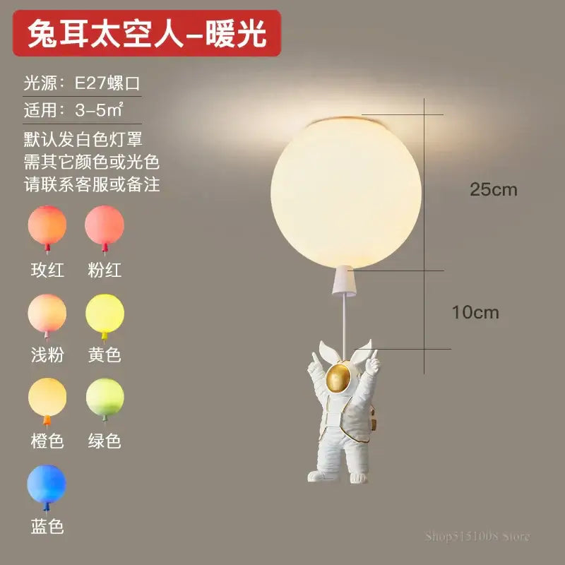White decorbites astronaut balloon pendant light with gold accents holding glowing balloon led for nursery room