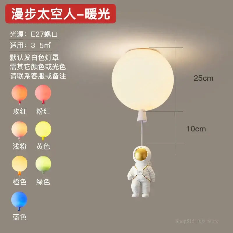 Decorbites astronaut balloon pendant light with white astronaut figurine and frosted spherical shade for nursery room