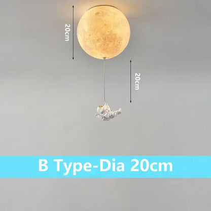 Decorbites astronaut bubble chandelier light with warm textured moon ceiling lamp and silver astronaut figurine hanging below