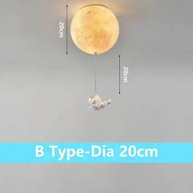 Decorbites astronaut bubble chandelier light with warm textured moon ceiling lamp and silver astronaut figurine hanging below
