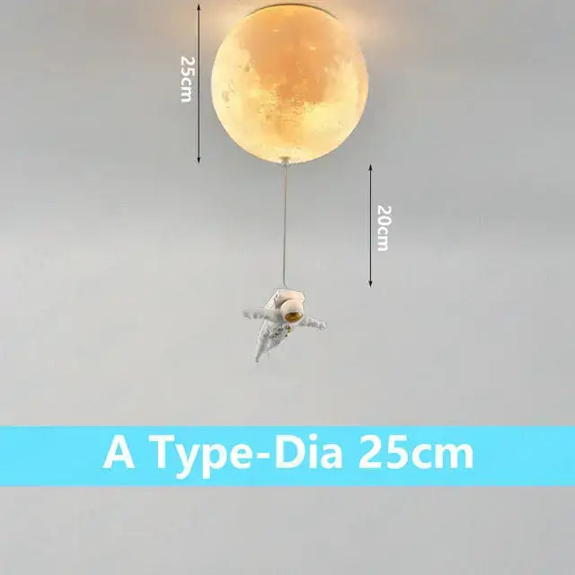 Warm glowing 25cm moonlight ceiling lamp with detailed surface and hanging astronaut figurine by decorbites astronaut bubble chandelier