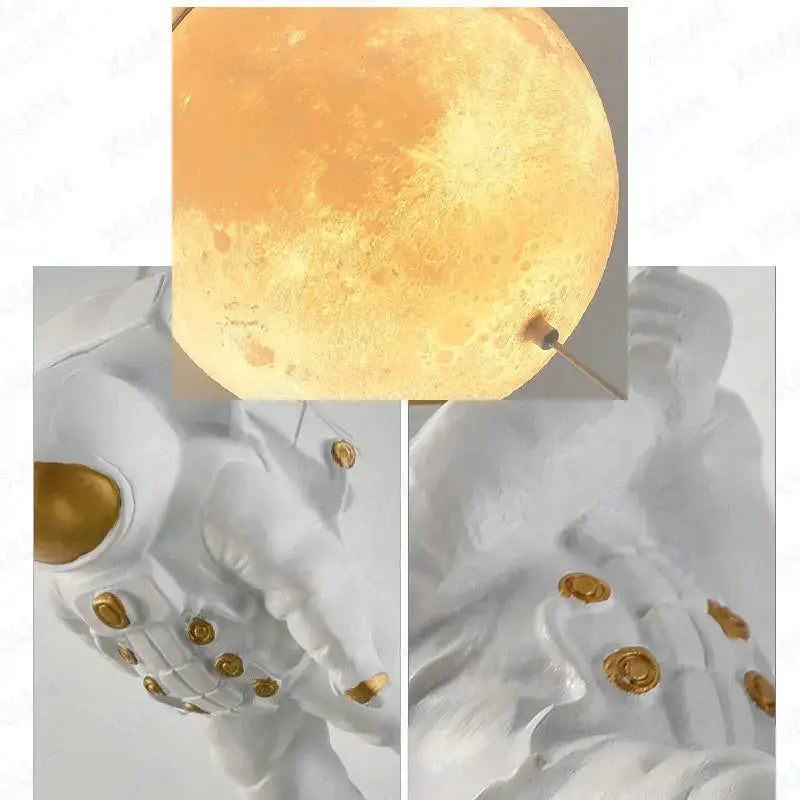 A white decorbites astronaut bubble figurine with gold accents holding a glowing moon lamp for bubble chandelier light
