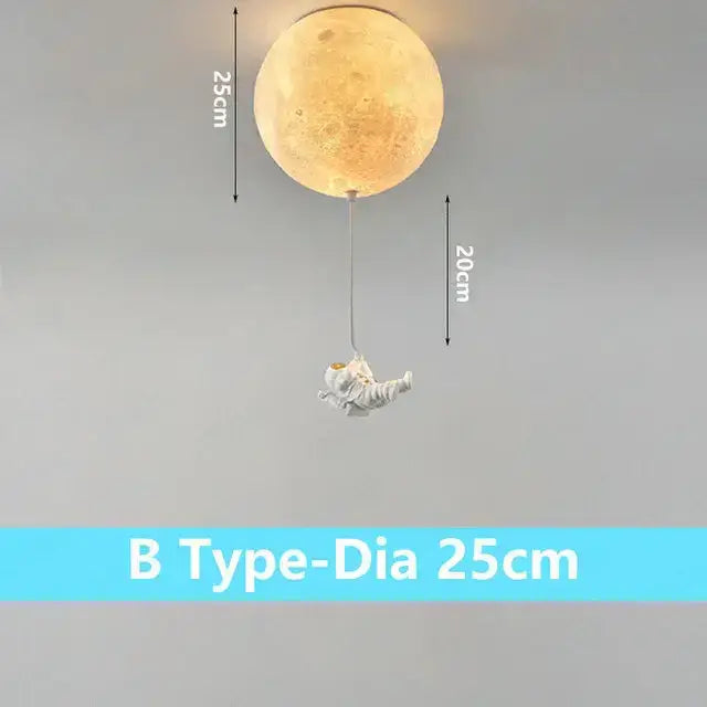 A warm textured moon-shaped DecorBites astronaut bubble chandelier light with a dangling astronaut for bedroom ceiling