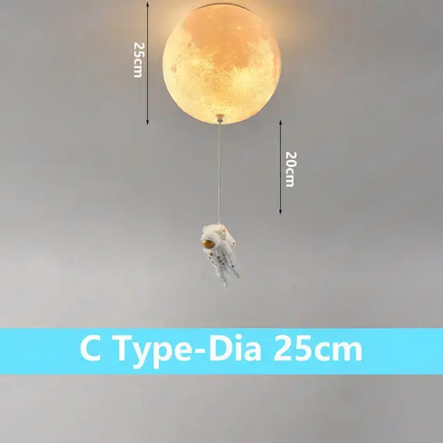 Glowing orange moon-shaped decorbites astronaut bubble chandelier light with white astronaut figure for bedroom ceiling